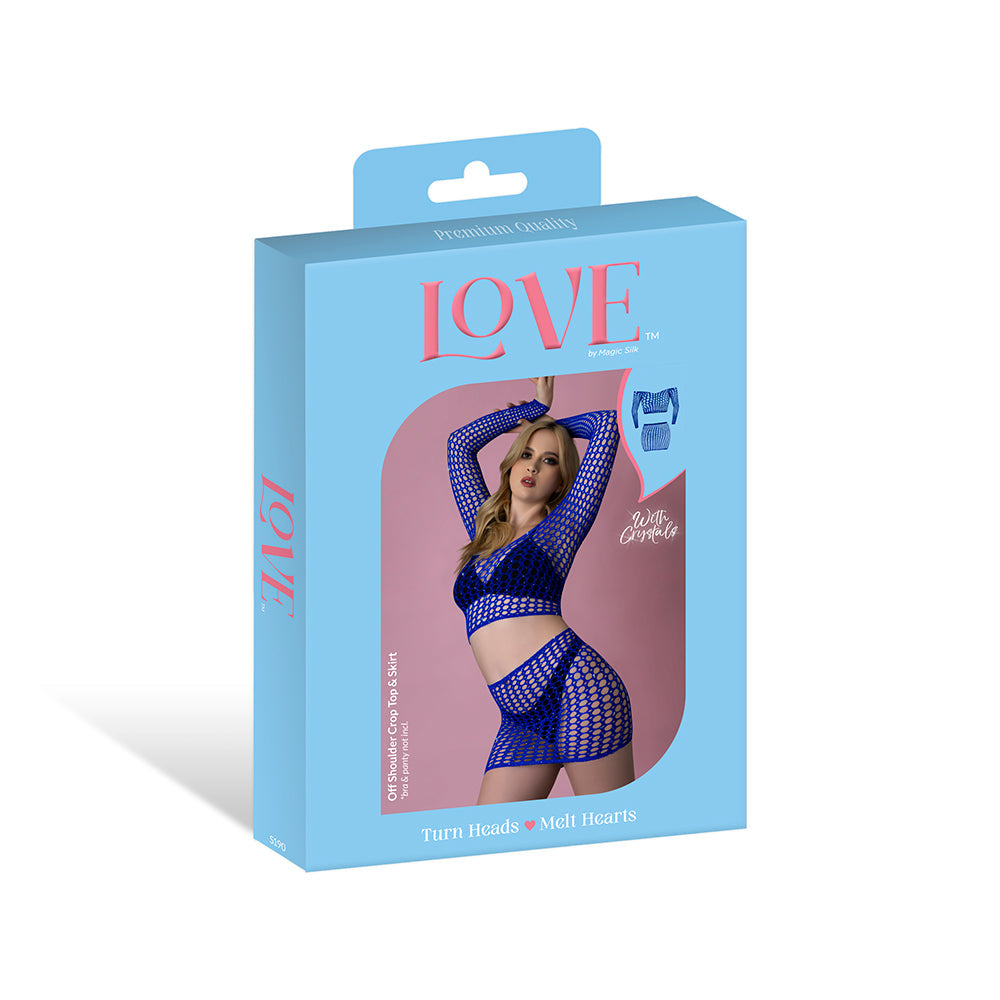 Magic Silk Seamless Off Shoulder Crop Top & Skirt Set Blue O/S